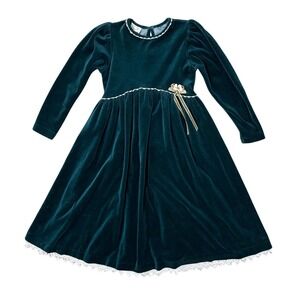 90s Vintage Rebecca Raggs Original Girl Green Velvet Dress Lace Trim Bow Size 14